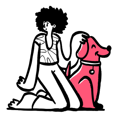 Illustration of a woman patting a red dog looking to the left